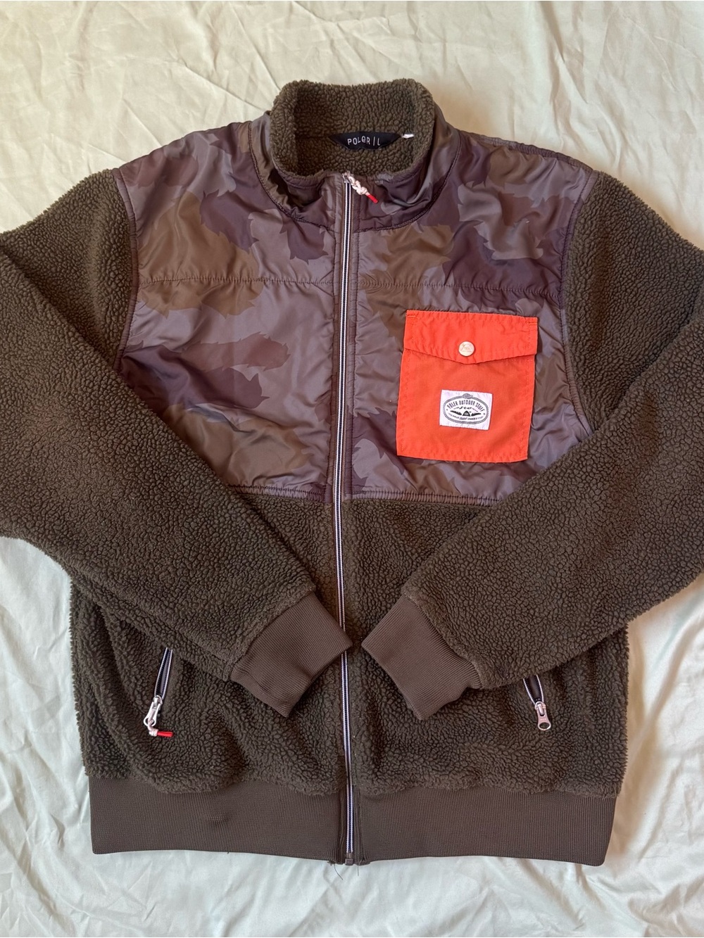 Poler Women’s Army Green Sherpa Zip Jacket with Camo Paneling